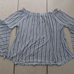 Time and Tru Blue Stripe Off Shoulder Peasant Top
